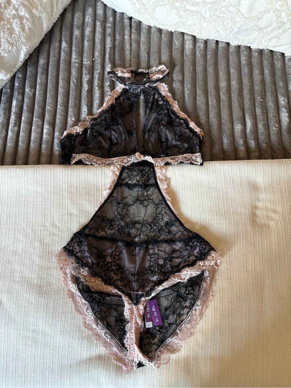 Adore Me Sheer Lace High-Neck Bodysuit in Black and Blush XL New With Tags Sexy